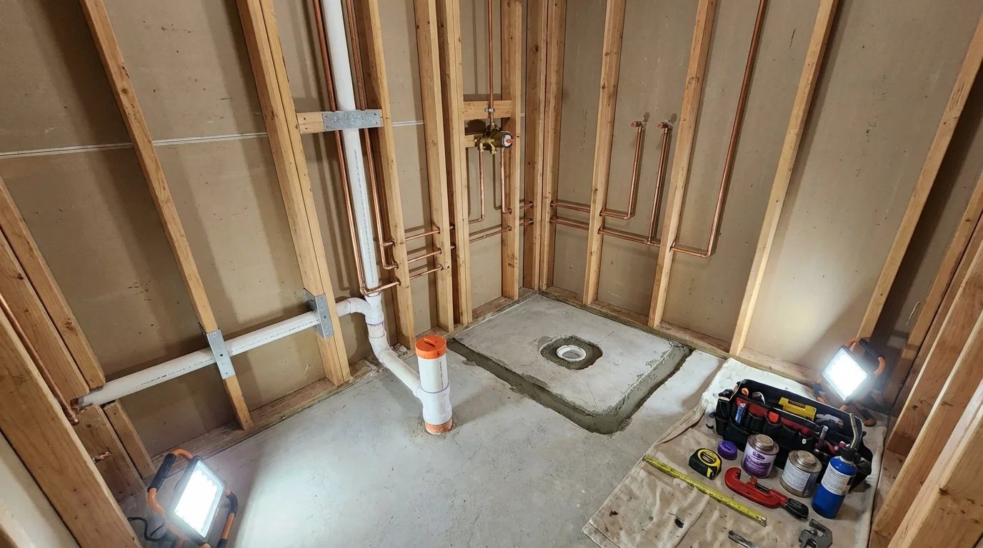 Bathroom rough-in plumbing during remodel by Johns Plumbing LLC in Blythe