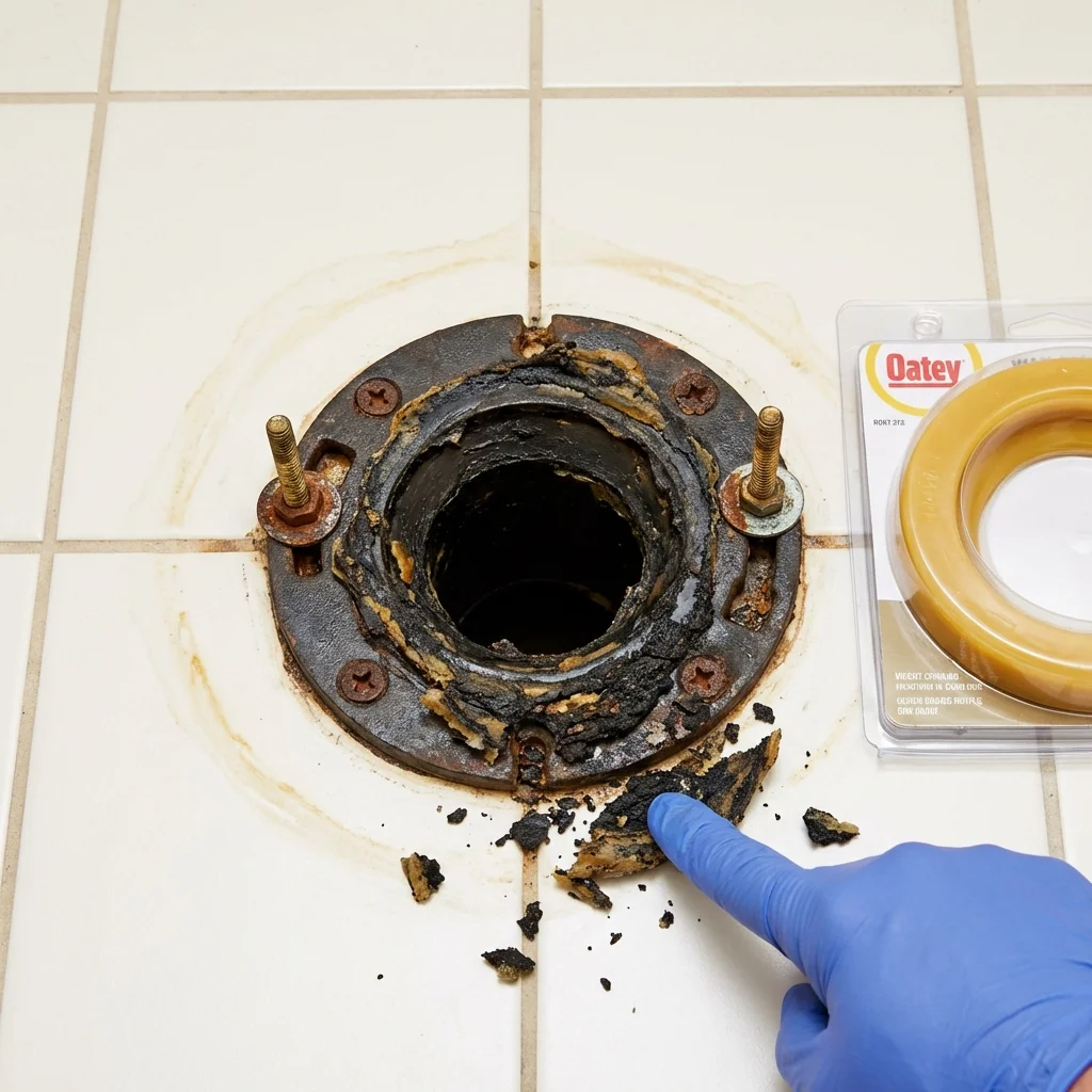 Failed wax ring showing water seepage at the base of a toilet in a Blythe, CA home