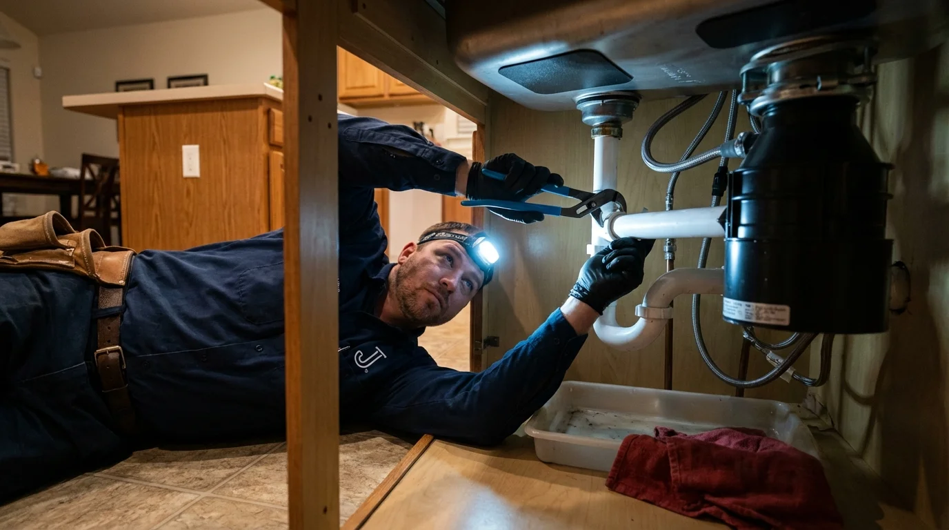 P-trap and supply line connections under a kitchen sink showing a common leak point in Blythe, CA